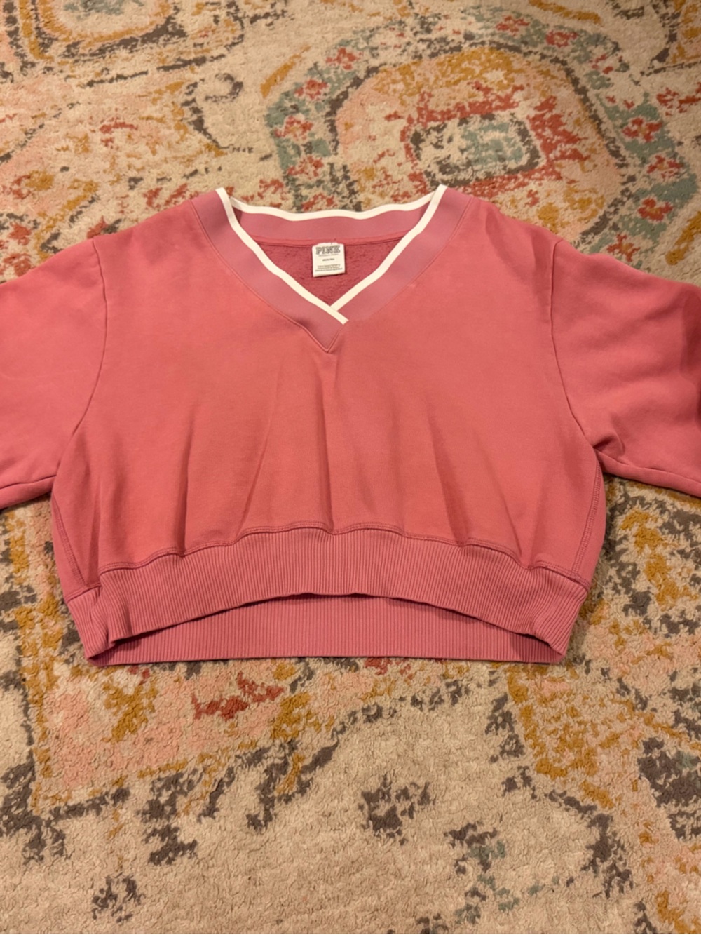 PINK Victoria's Secret Cropped V-Neck Sweatshirt in Rose Pink with White Trim